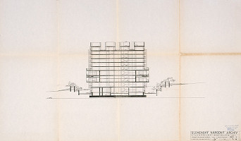 Vladimír Dedeček – Slovenský národný archív v Bratislave. Súhrnné projektové riešenie. Rez 2. M 1:200. 