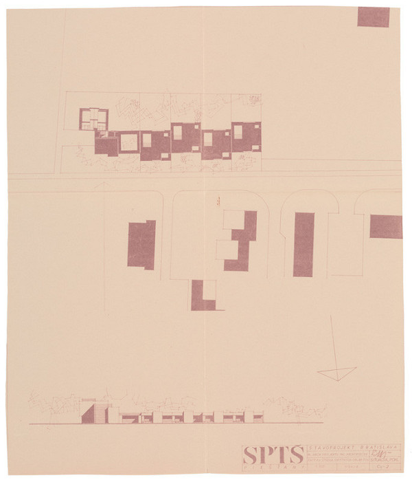Vladimír Dedeček – Obytná zóna átriových domov pre učiteľov záhradníckej školy v Piešťanoch. Zastavovacia štúdia. Situácia a pohľad. M 1:500. 
