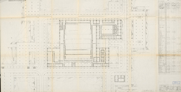 Vladimír Dedeček – Viacúčelové výstavné zariadenie v Bratislave – Petržalke. 1. etapa, 2. stavba: výrobno-prevádzková budova Incheba. Úvodný projekt. Sektor B2/1, B3. Pôdorys p-1. M 1:200. 