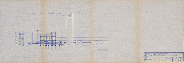 Vladimír Dedeček – Viacúčelové výstavné zariadenie v Bratislave – Petržalke. Ubytovňa PMZO. Projektová úloha – Libreto výtvarného dotvorenia. Rez r 2 – výška výtvarného diela. M 1:500. 