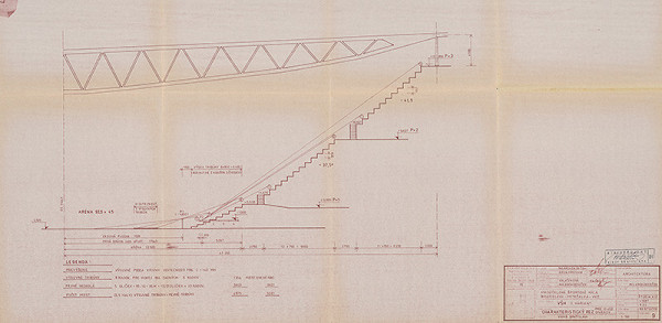 Vladimír Dedeček – Viacúčelové výstavné zariadenie v Bratislave – Petržalke. Viacúčelová športová hala. Investičný zámer – štúdia, 2. variant. Charakteristický rez pre 10 402 divákov. M 1:100. 