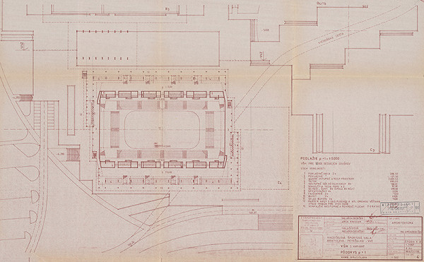 Vladimír Dedeček – Viacúčelové výstavné zariadenie v Bratislave – Petržalke. Viacúčelová športová hala. Investičný zámer – štúdia, 2. variant. Pôdorys p+1. M 1:500. 