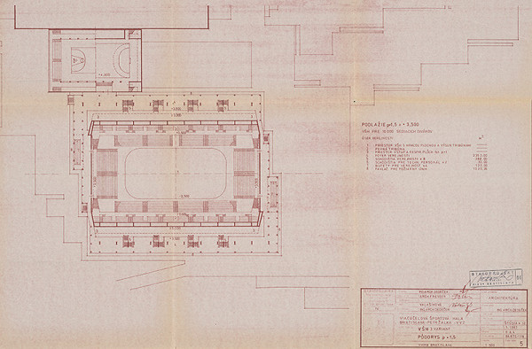 Vladimír Dedeček – Viacúčelové výstavné zariadenie v Bratislave – Petržalke. Viacúčelová športová hala. Investičný zámer – štúdia, 2. variant. Pôdorys p+1,5. M 1:500. 