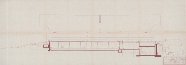 Vladimír Dedeček – Viacúčelové výstavné zariadenie Bratislava – Petržalka. Viacúčelová športová hala. Úvodný projekt. Architektonické a stavebné riešenie – objekt C3. Pozdĺžny rez D-D. M 1:100. 