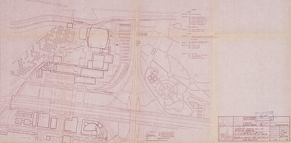 Vladimír Dedeček – Viacúčelové výstavné zariadenie Bratislava – Petržalka. Viacúčelová športová hala. Úvodný projekt. Súhrnné riešenie stavby – objekt C1, C2, C3, C4. Situácia (variant bez sektoru D). M 1:200. 