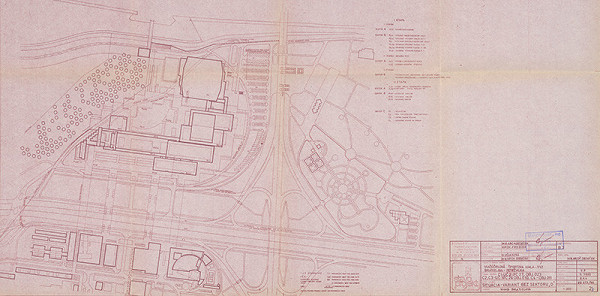 Vladimír Dedeček – Viacúčelové výstavné zariadenie Bratislava – Petržalka. Viacúčelová športová hala. Úvodný projekt. Súhrnné riešenie stavby – objekt C1, C2, C3, C4. Situácia (variant bez sektoru D). M 1:200.