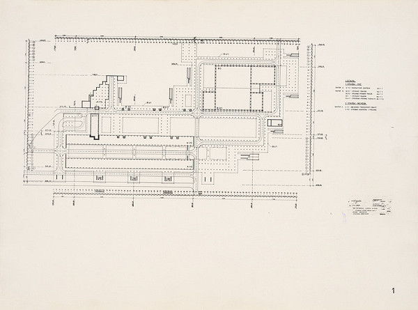Vladimír Dedeček – Viacúčelové výstavné zariadenie v Bratislave – Petržalke. Vykonávací projekt. Vytyčovací výkres areálu VVZ a Incheba v Bratislave. M 1:500 (pôv.) 