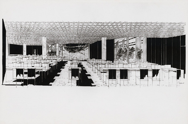 Vladimír Dedeček – Viacúčelový výstavný areál v Bratislave – Petržalke. Ubytovňa PMZO. Perspektívny pohľad do interiéru jedálne (?). 