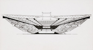 Vladimír Dedeček, Igor Bačík – Viacúčelový výstavný areál v Bratislave – Petržalke. Perspektívny pohľad do interiéru športovej haly. 
