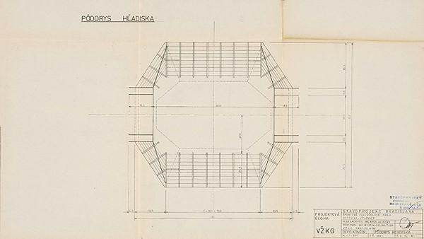 Vladimír Dedeček – Športová viacúčelová hala v Ostrave – Vítkoviciach. Projektová úloha. Oceľové konštrukcie – pôdorys hľadiska. M 1:500. 