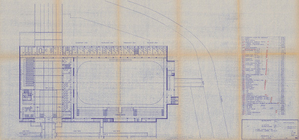 Vladimír Dedeček – Cvičná ľadová plocha a stredisko údržby v Ostrave. Projektová úloha. Pôdorys p+1. M 1:200. 