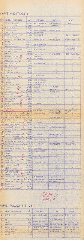 Vladimír Dedeček – Cvičná ľadová plocha a stredisko údržby v Ostrave. Projektová úloha. Časť výkresu s tabuľkou miestností. M nezn. 