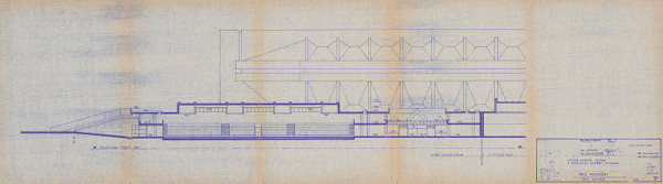 Vladimír Dedeček – Cvičná ľadová plocha a stredisko údržby v Ostrave. Projektová úloha. Pozdĺžny rez. M 1:200. 