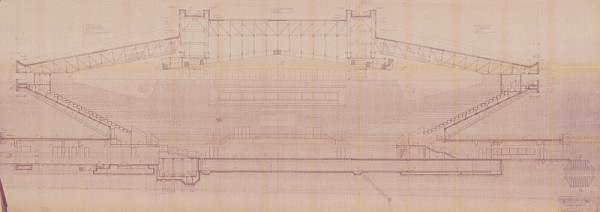 Vladimír Dedeček – Viacúčelová športová hala v Ostrave – Vítkoviciach (značené ako Náhradná výstavba za asanované objekty na ulici Místeckej v Ostrave). Priečny rez halou a-a´. M 1:50. 