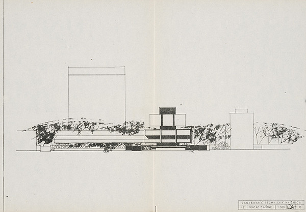 Vladimír Dedeček – Slovenská technická knižnica (centrum VTI SSR) na Námestí Slobody v Bratislave. Investičný zámer. Pohľad z Mýtnej ulice. M 1:500. 