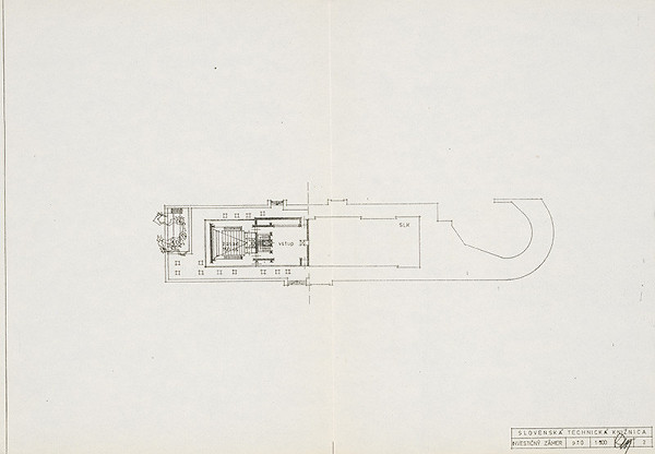 Vladimír Dedeček – Slovenská technická knižnica (centrum VTI SSR) na Námestí Slobody v Bratislave. Investičný zámer. Pôdorys prízemia. M 1:500. 