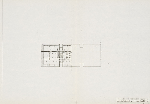Vladimír Dedeček – Slovenská technická knižnica (centrum VTI SSR) na Námestí Slobody v Bratislave. Investičný zámer. Pôdorys 1. poschodia. M 1:500. 