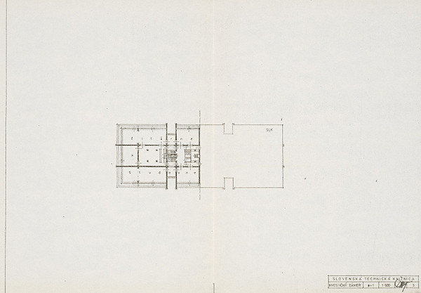 Vladimír Dedeček – Slovenská technická knižnica (centrum VTI SSR) na Námestí Slobody v Bratislave. Investičný zámer. Pôdorys 1. poschodia. M 1:500.