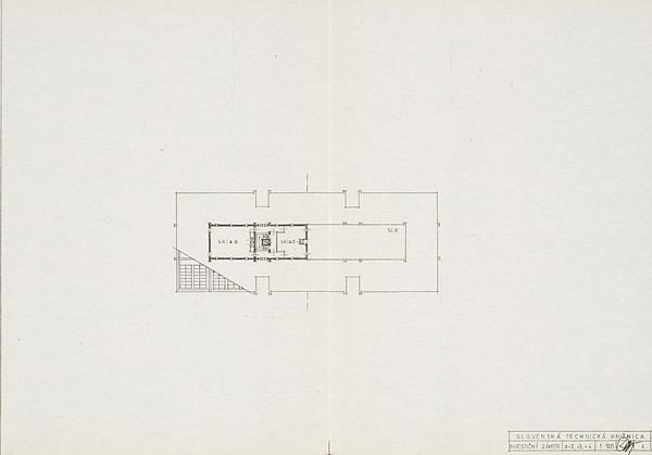 Vladimír Dedeček – Slovenská technická knižnica (centrum VTI SSR) na Námestí Slobody v Bratislave. Investičný zámer. Pôdorys 2., 3., 4. poschodia. M 1:500. 