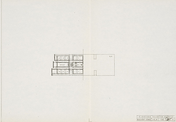 Vladimír Dedeček – Slovenská technická knižnica (centrum VTI SSR) na Námestí Slobody v Bratislave. Investičný zámer. Pôdorys 5. a 6. poschodia. M 1:500 