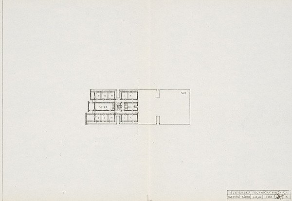 Vladimír Dedeček – Slovenská technická knižnica (centrum VTI SSR) na Námestí Slobody v Bratislave. Investičný zámer. Pôdorys 5. a 6. poschodia. M 1:500