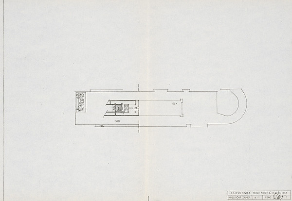 Vladimír Dedeček – Slovenská technická knižnica (centrum VTI SSR) na Námestí Slobody v Bratislave. Investičný zámer. Pôdorys suterénu. M 1:500. 