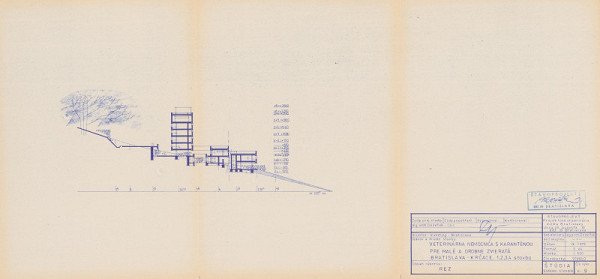 Vladimír Dedeček – Veterinárna nemocnica s karanténou v Bratislave. Štúdia súboru stavieb. Rez. M 1:500. 