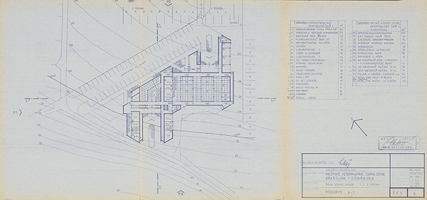 Vladimír Dedeček – Veterinárna nemocnica s karanténou v Bratislave. Štúdia súboru stavieb. Pôdorys p-1. M 1:500. 