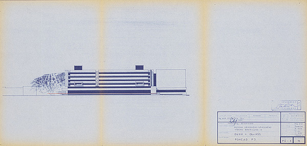 Vladimír Dedeček – Združená administratívna budova ObNV a ObvKSS v Bratislave – Dúbravke. Projektová úloha. Pohľad P3. M 1:500.  