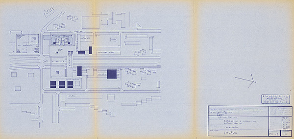 Vladimír Dedeček – Združená administratívna budova ObNV a ObvKSS v Bratislave – Dúbravke. Projektová úloha. Situácia (Širšie vzťahy s alternatívnou riešenia námestia - 1. alternatíva). M 1:2000.  