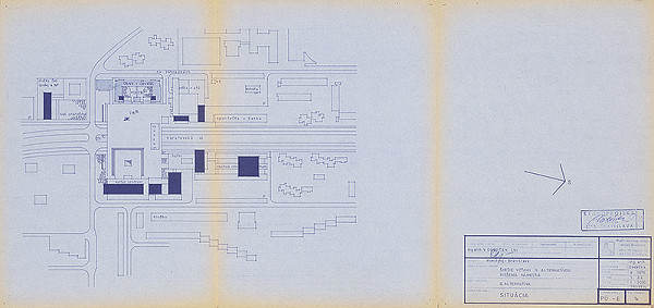 Vladimír Dedeček – Združená administratívna budova ObNV a ObvKSS v Bratislave – Dúbravke. Projektová úloha. Situácia (Širšie vzťahy s alternatívnou riešenia námestia - 2. alternatíva). M 1:2000.  