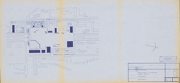Vladimír Dedeček – Združená administratívna budova ObNV a ObvKSS v Bratislave – Dúbravke. Projektová úloha. Situácia (Širšie vzťahy s alternatívnou riešenia námestia - 3. alternatíva). M 1:2000.  