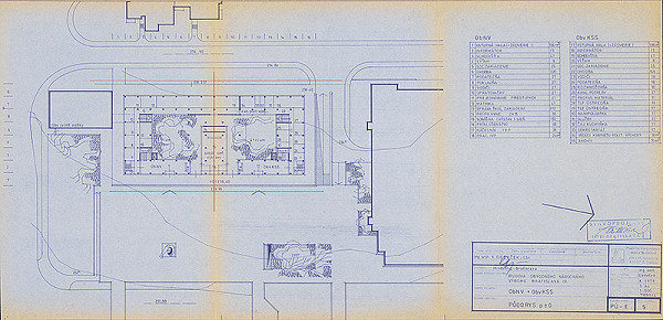 Vladimír Dedeček – Združená administratívna budova ObNV a ObvKSS v Bratislave – Dúbravke. Projektová úloha. Pôdorys p+-0. M 1:500.