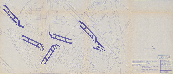 Vladimír Dedeček – Pravádzková budova OSP + GR Strojsmalt na Radlinského ulici v Bratislave. Štúdia súboru stavieb. Situácia. M 1:1000.  