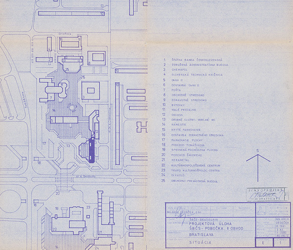 Vladimír Dedeček – Štátna banka československá v Bratislave – pobočka Obvod II (Ružinov – Ostredky). Projektová úloha. Situácia. M 1:2000. 
