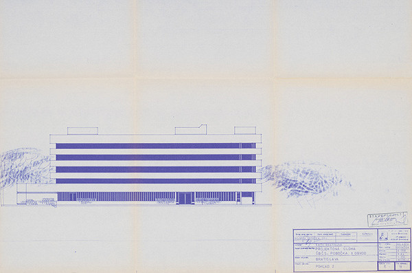Vladimír Dedeček – Štátna banka československá v Bratislave – pobočka Obvod II (Ružinov – Ostredky). Projektová úloha. Pohľad 2. M 1:200. 