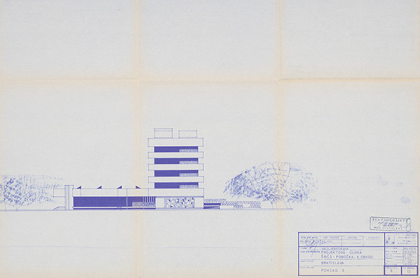 Vladimír Dedeček – Štátna banka československá v Bratislave – pobočka Obvod II (Ružinov – Ostredky). Projektová úloha. Pohľad 3. M 1:200. 