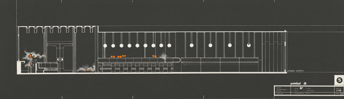 Gabriela Cimmermannová, Severín Ďuriš, Otto Sedlák, Stanislav Toman – Hotel Slovakia v Žiline. Pohľad A do haly na 1. poschodí. M 1:25 