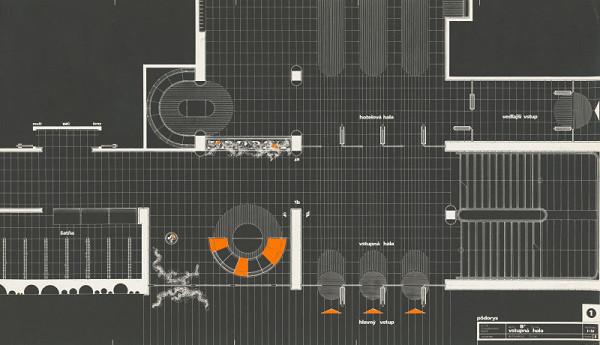 Gabriela Cimmermannová, Severín Ďuriš, Otto Sedlák, Stanislav Toman – Hotel Slovakia v Žiline. Štúdia interiérového riešenia hotela. Pôdorys vstupnej haly. M 1:25 