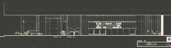 Gabriela Cimmermannová, Severín Ďuriš, Otto Sedlák, Stanislav Toman – Hotel Slovakia v Žiline. Štúdia interiérového riešenia hotela. Pohľad A do hotelovej haly. M 1:25 