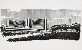 Vladimír Dedeček, Stanislav Talaš – Súťažný návrh na nemocnicu s poliklinikou v Bratislave – Petržalke. Perspektívny pohľad. 