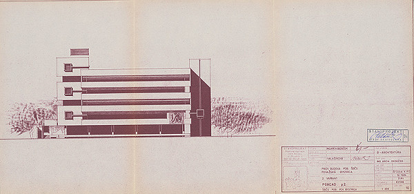 Vladimír Dedeček – Pobočka Štátnej banky čsl. v Považskej Bystrici (2. variant). Štúdia k projektovej úlohe. Pohľad P2. M 1:200. 
