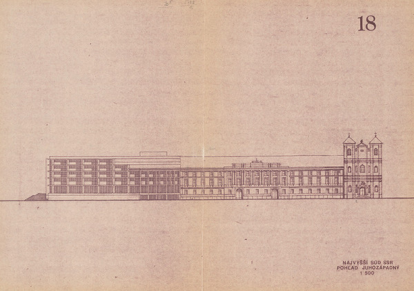 Tibor Gebauer – Administratívna budova Najvyššieho súdu v Bratislave. Štúdia. Juhozápadný pohľad. M 1:500.