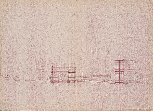 Vladimír Dedeček – Obvodný súd v Bratislave – Dúbravke (Záluhy). Rez 2. M 1:500 (nezn.). 