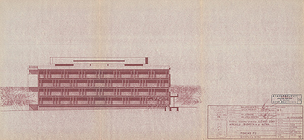 Vladimír Dedeček – Areál Bioveta v Nitre. Štúdia súboru stavieb južnej zóny areálu. Pohľad P2. M 1:200. 