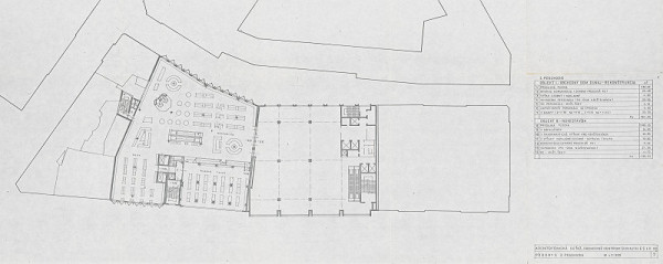 Vladimír Dedeček – Obchodné centrum Dunaj v Bratislave – súťažný návrh. Pôdorys 2. poschodia. M 1:200. 