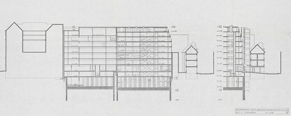 Vladimír Dedeček – Obchodné centrum Dunaj v Bratislave – súťažný návrh. Pozdĺžny rez r2, r3. M 1:200. 