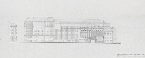 Vladimír Dedeček – Obchodné centrum Dunaj v Bratislave – súťažný návrh. Pohľad z Nedbalovej ulice. M 1:200. 