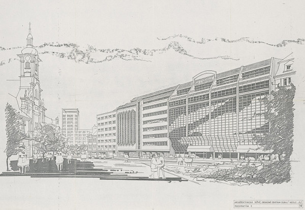 Vladimír Dedeček – Obchodné centrum Dunaj v Bratislave – súťažný návrh. Perspektívny pohľad 2. M 1:200. 