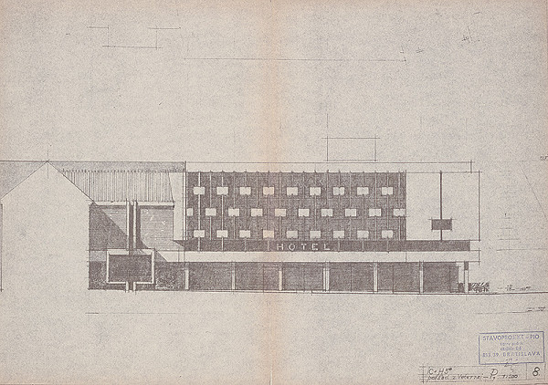 Vladimír Dedeček – Informačné centrum a hotel v Bratislave na Októbrovom námestí. Ponuková štúdia. Pohľad P1 z Veternej ulice. M 1:200. 